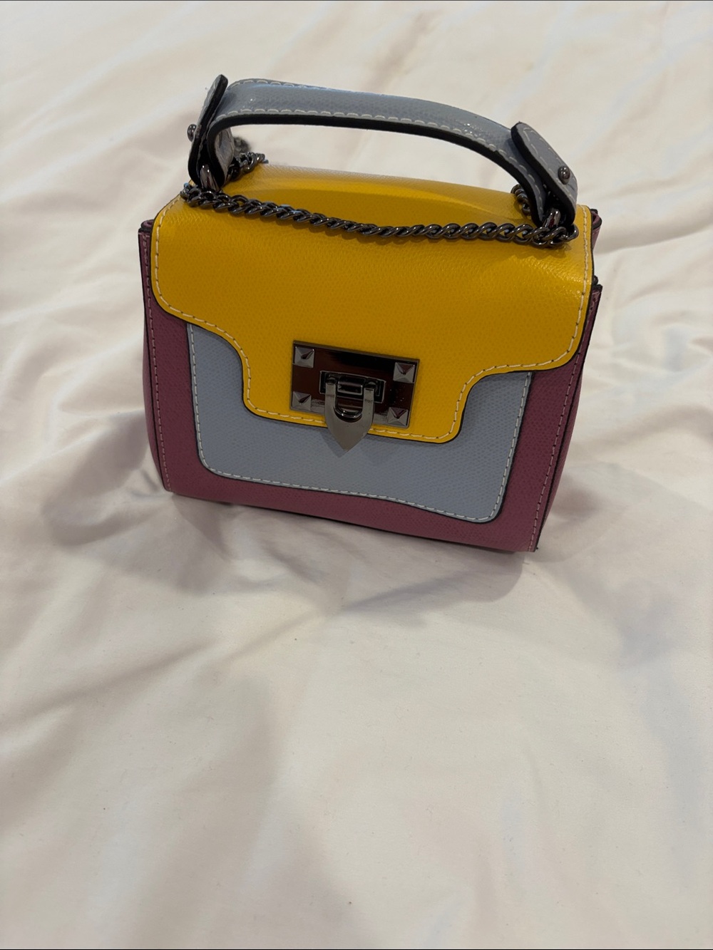 Vera Pelle Colorblock Mini Top-Handle Bag in Yellow, Light Blue & Pink